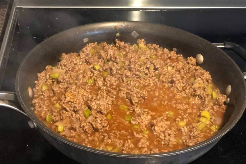 Sloppy Joes finished and ready to go on sandwiches still in the skillet.