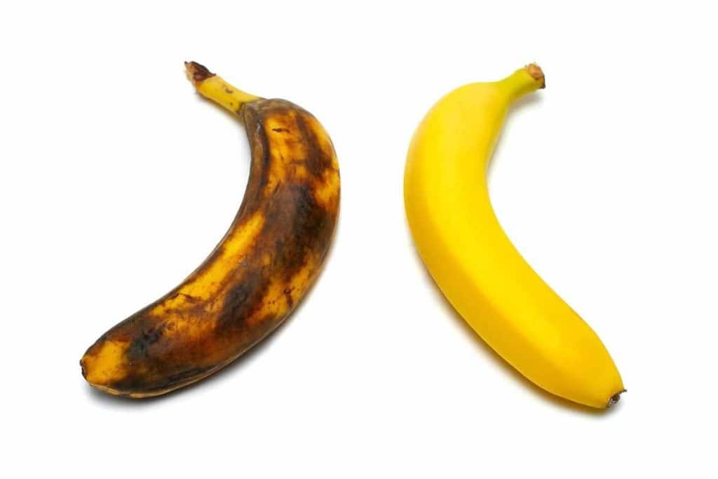 2 bananas side by side to compare one that is ripe and perfect to eat and one that is now overly ripe and no longer good to eat.