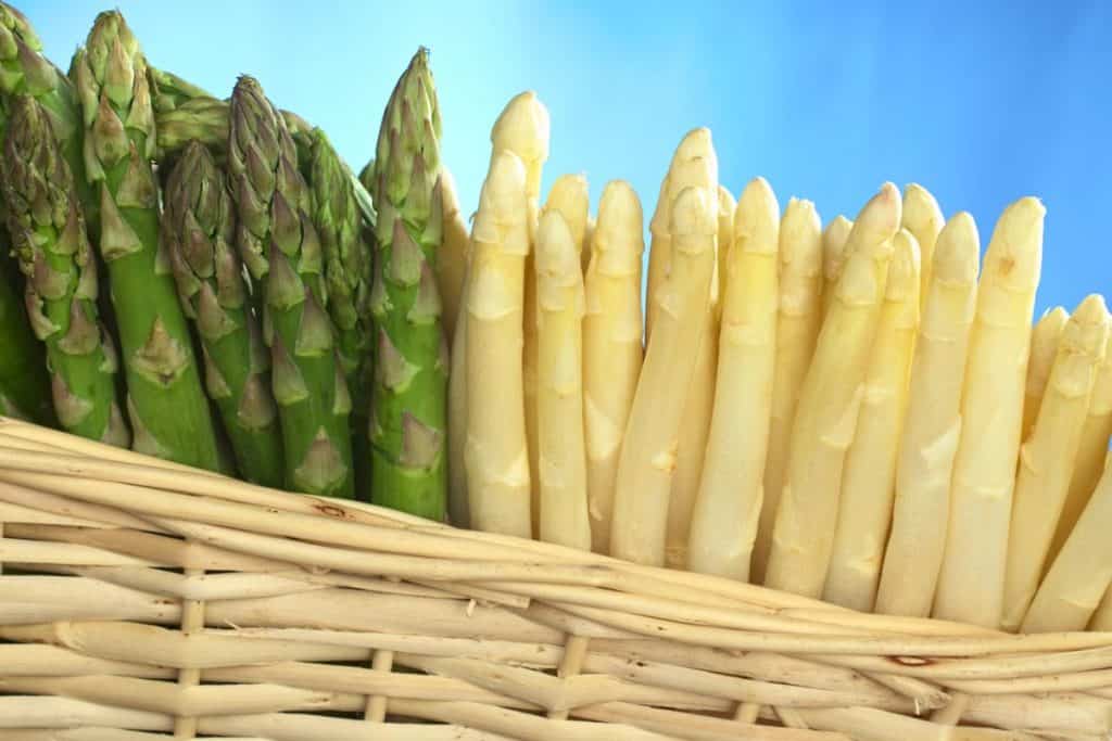 White and Green asparagus standing up in a wicker basket