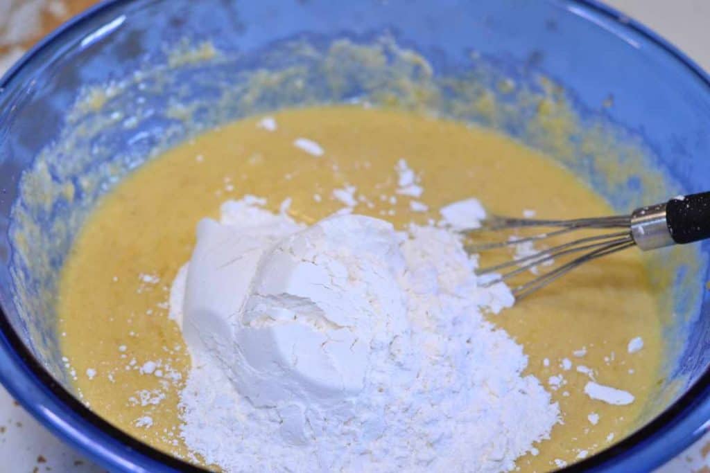 Self-Rising Flour that has been added to banana bread batter and needs to be mixed in with a wire whisk