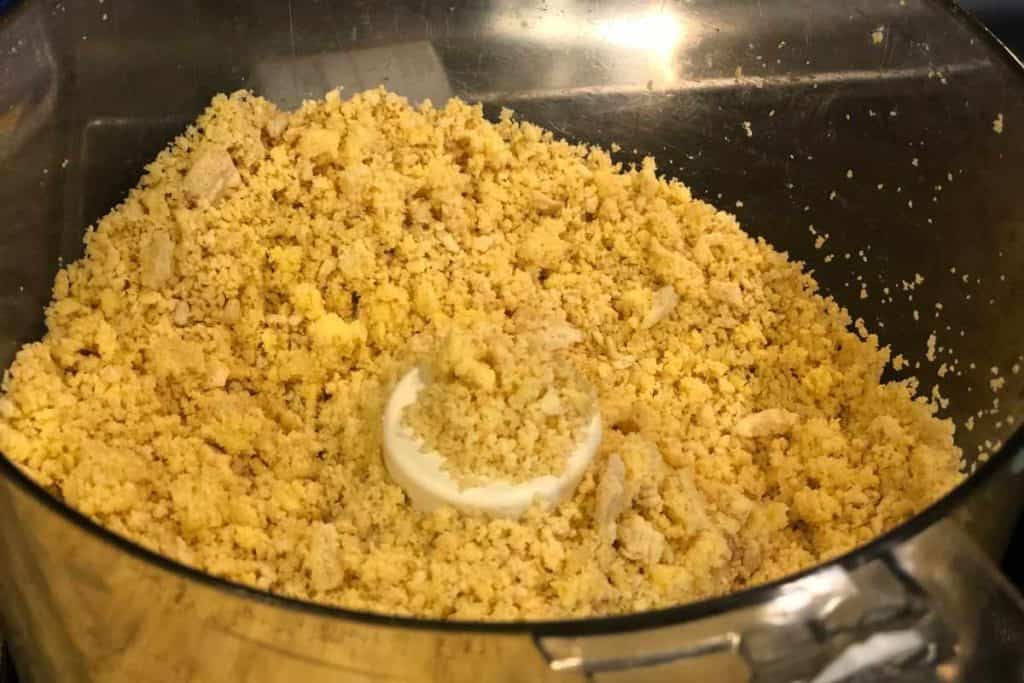 Lemon Oreo cookies crumbled up in the food processer to make the crust No-Bake Lemonade Cheesecake crust