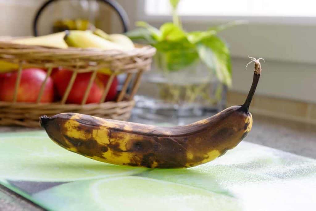 A banana that has over ripened and is now perfect for banana bread