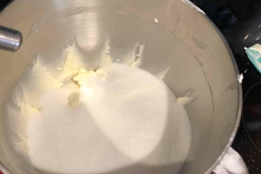 Sugar added to Lemon pound cake batter to mix in with the recipe.