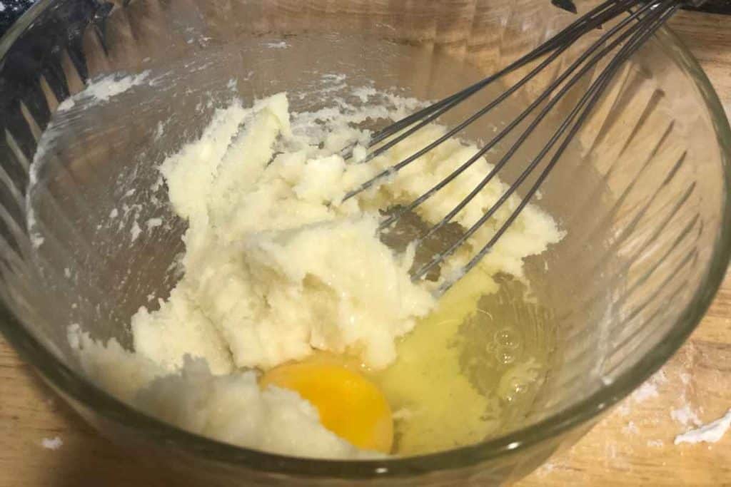 Butter and sugar creamed together with an egg added in for a homemade almond paste recipe to go in almond croissants