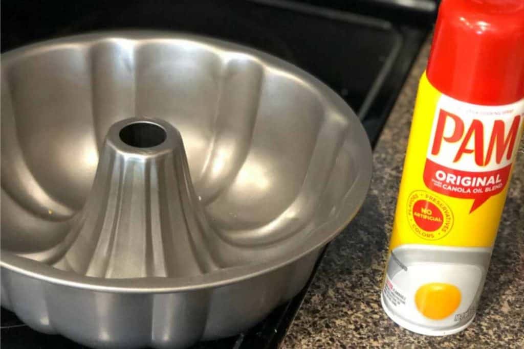 Bundt cake pan and Pam cooking spray, as an example of what to grease the bundt cake pan with.