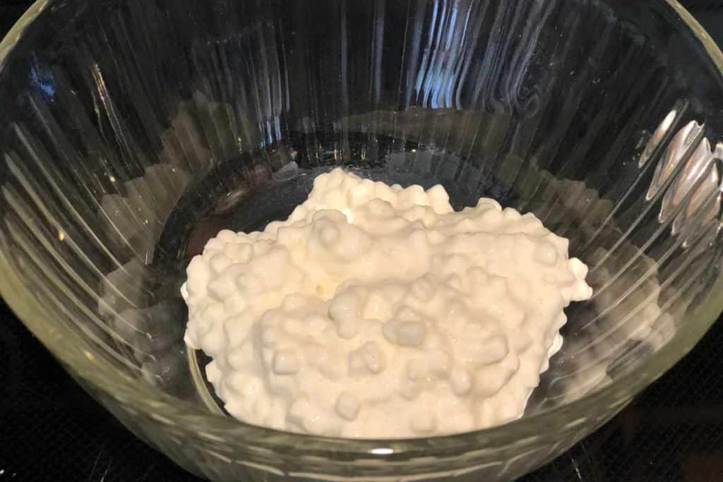 Glass bowl with a scoop of cottage cheese