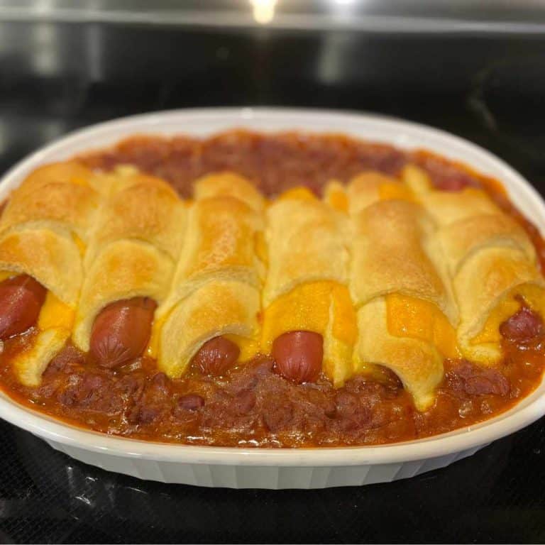 Baked chili dog casserole with crescent rolls fresh out of the oven and ready to eat