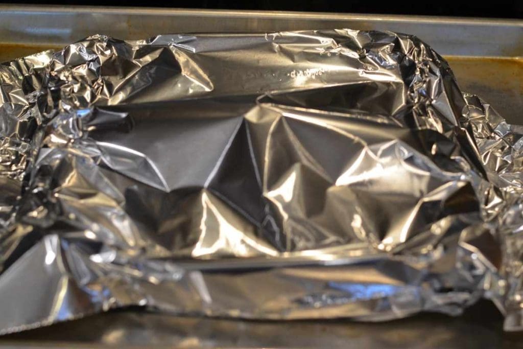 Foil packet on a baking sheet