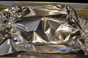 Foil packet on a baking sheet