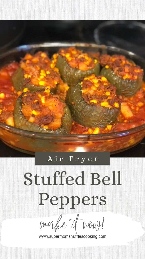 Stuffed Bell Pepper finished recipe picture on a Pinterest Graphic with the title "Stuffed Bell Peppers"