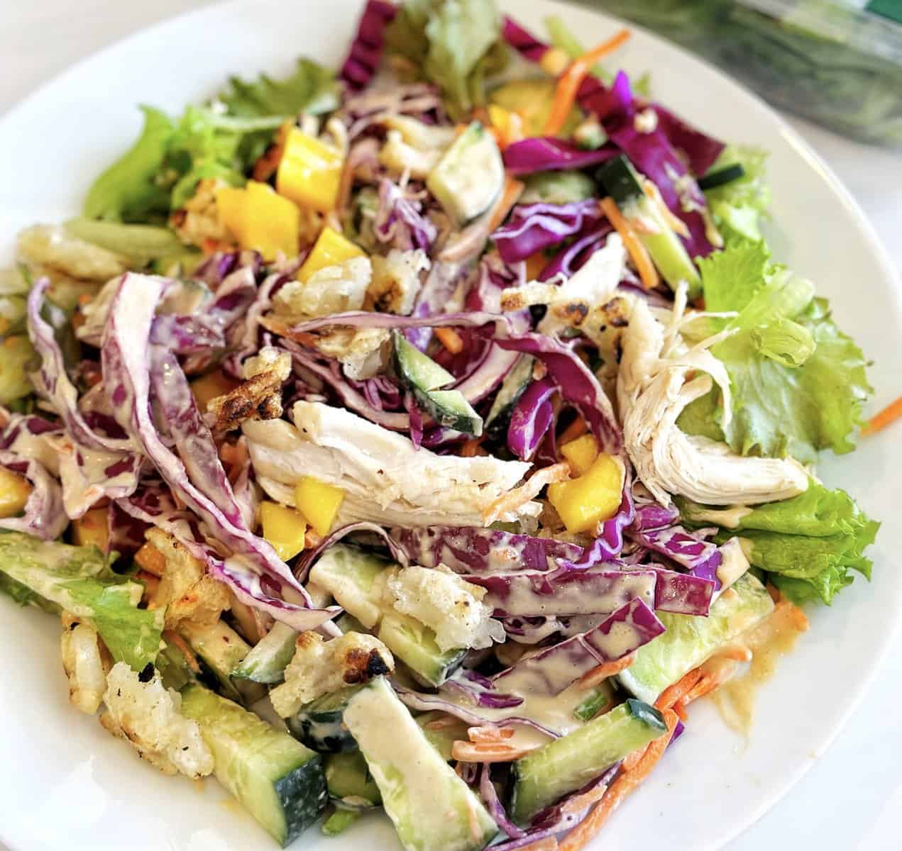 Asian Chicken Salad with cabbage, chicken, cucumbers, oranges and dressing