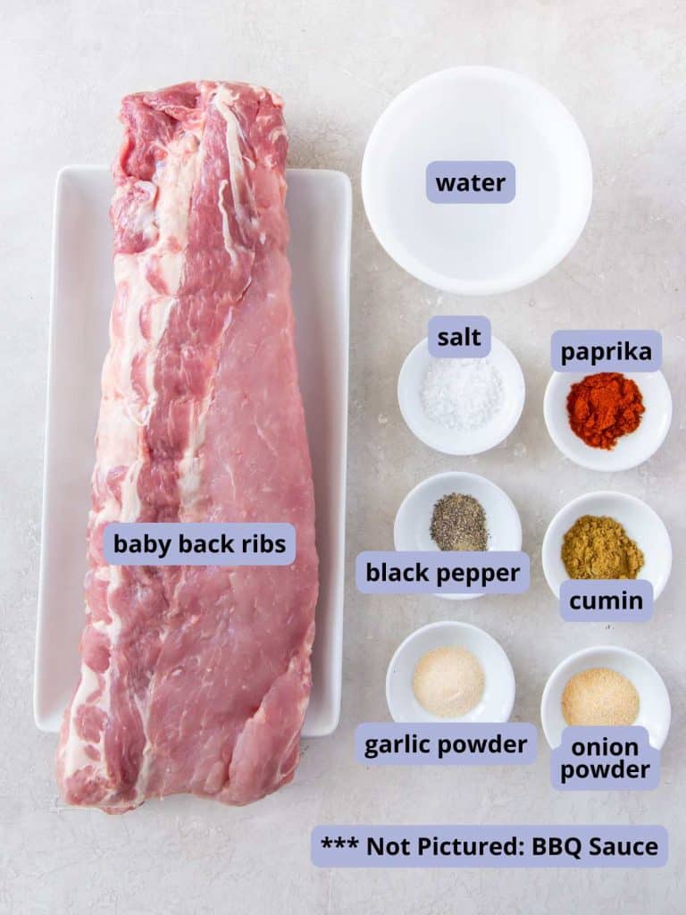 Ingredients for Instant Pot baby back ribs including baby back ribs, water, salt, paprika, black pepper, cumin, garlic powder and onion powder. THe ribs are on a platter and the spices are in small white bowls.