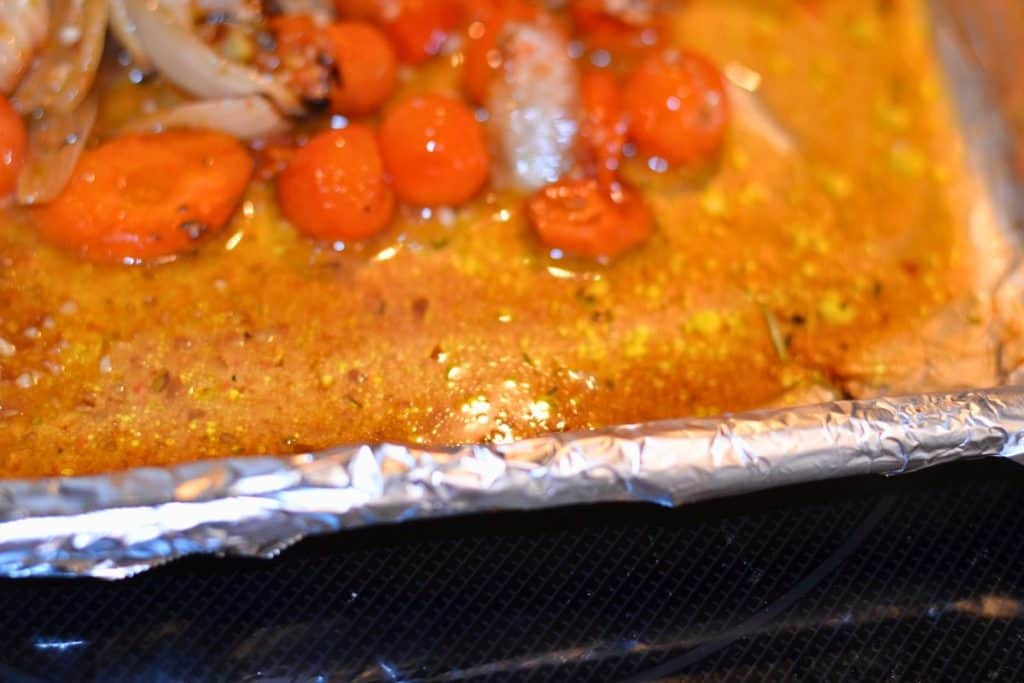 All of the juices/oils from the roasted vegetables gathered in the corner of the sheet pan