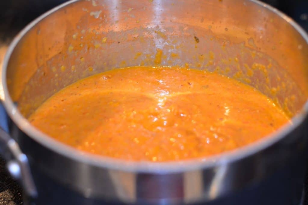 Smooth blended Roasted Cherry Tomato Sauce in the pan after it's been blended