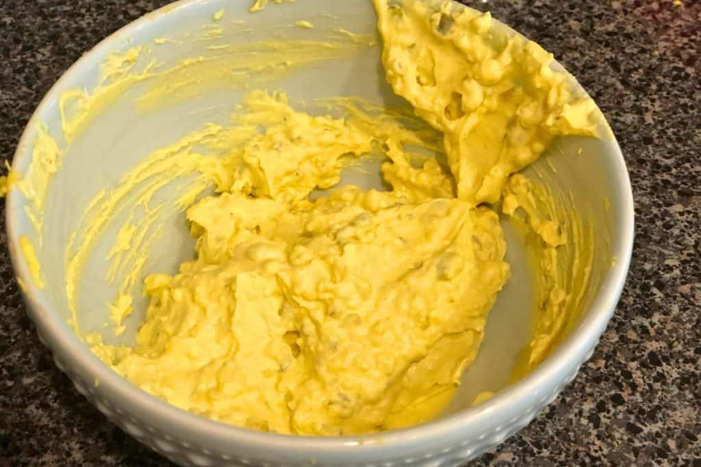 Deviled egg filling mixture in a bowl
