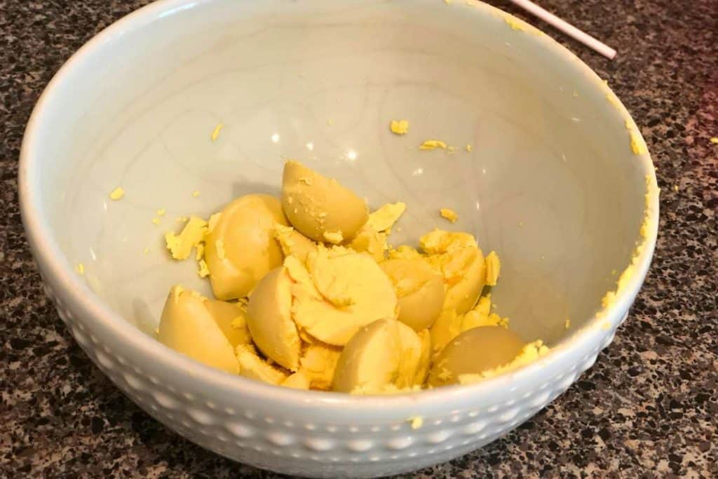 Hard boiled egg yolks in a bowl