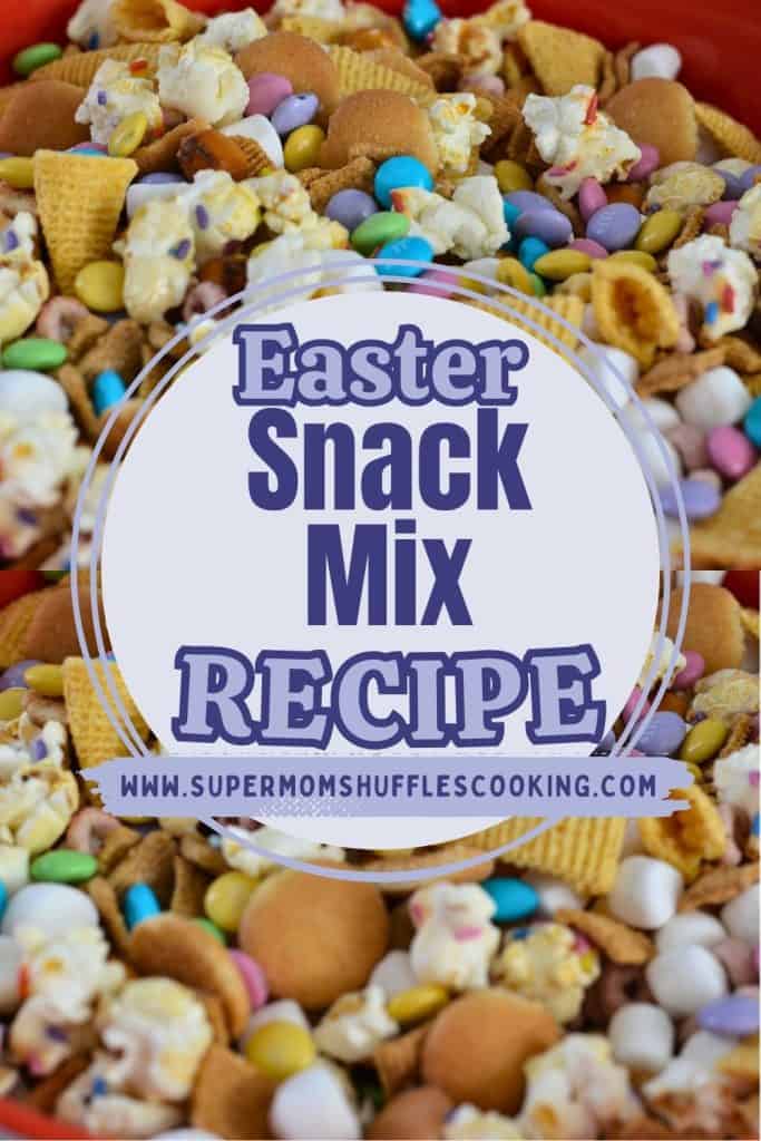 A Pinterest graphic with an Easter snack mix in the background with a caption of "Easter Snack Mix Recipe"