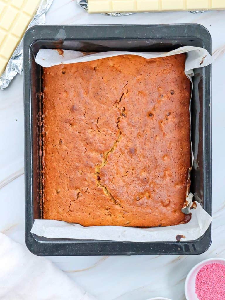 The cake that has been baked and is ready to be crushed up for the cake pops