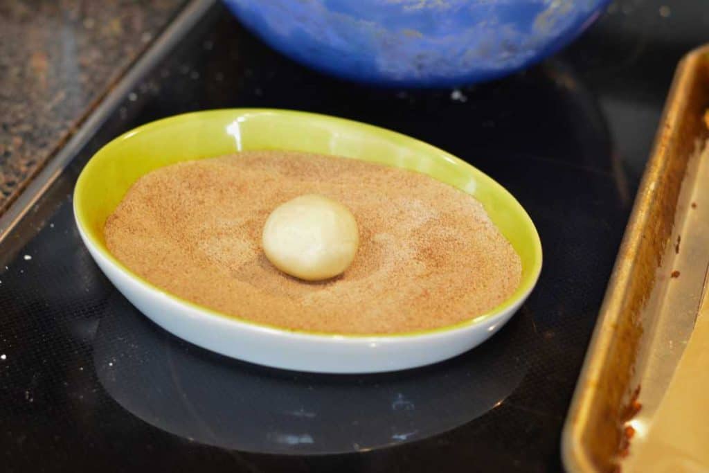 A ball of snickerdoodle cookie dough in a bowl of cinnamon sugar.