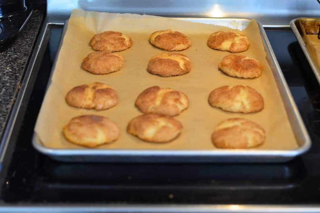 A baking sheet full of baked snickerdoodle cookies, lined with parchment paper