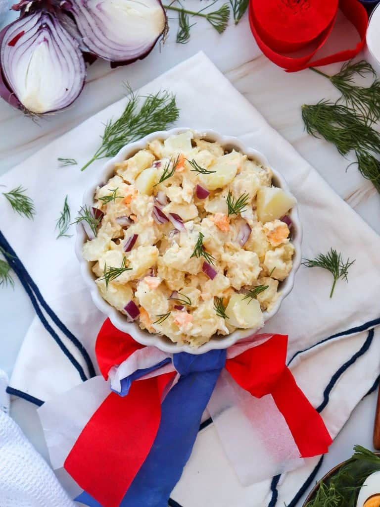 A picture of creamy summertime potato salad from above