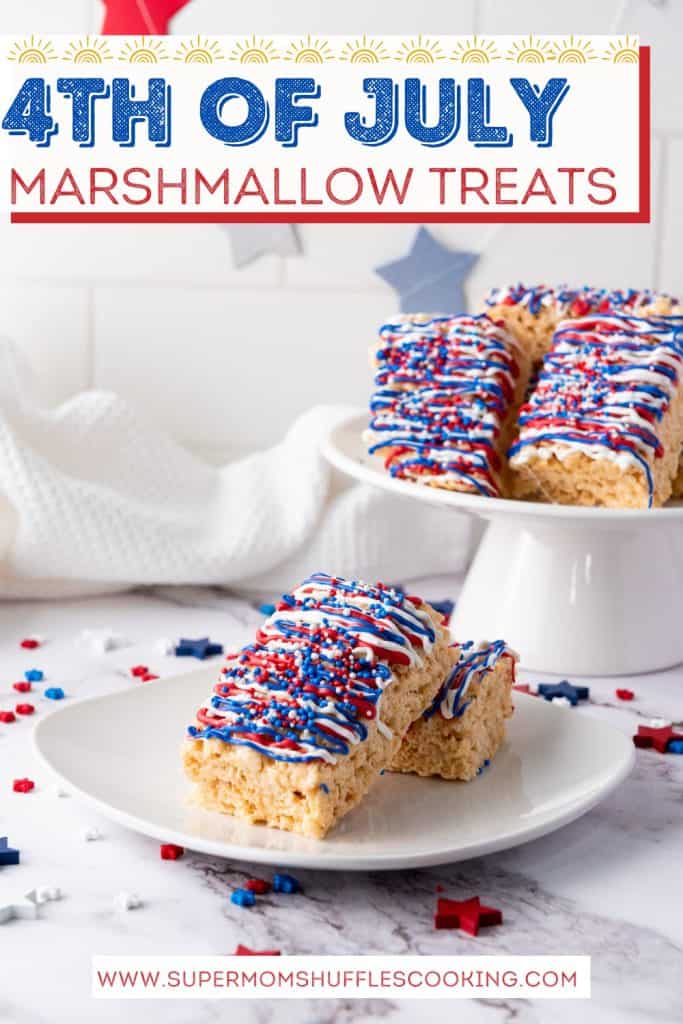 A pinterest graphic that says "4th of July Marshmallow Treats" with a platter of treats and a plate with treats as well