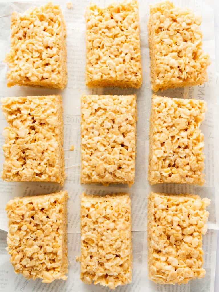 Rice Krispy Treats cut into 9 rectangles