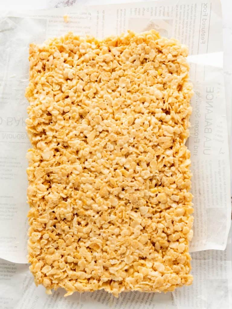 Rice krispie treats taken out of the baking dish.