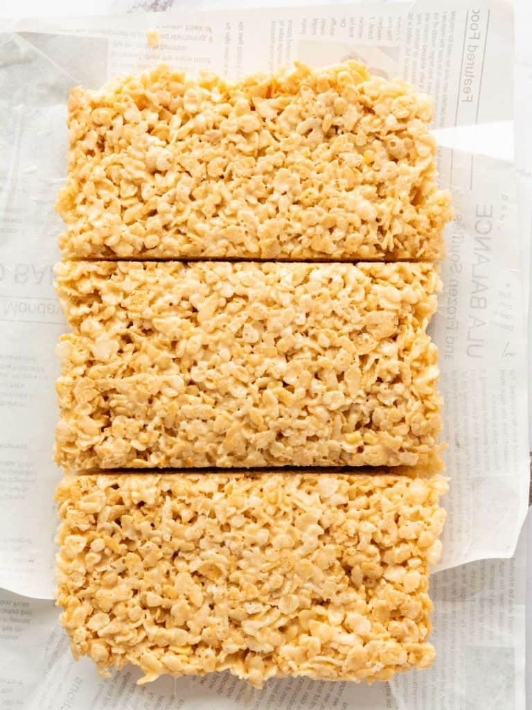 Rice Krispy Treats cut into 3 large rectangles