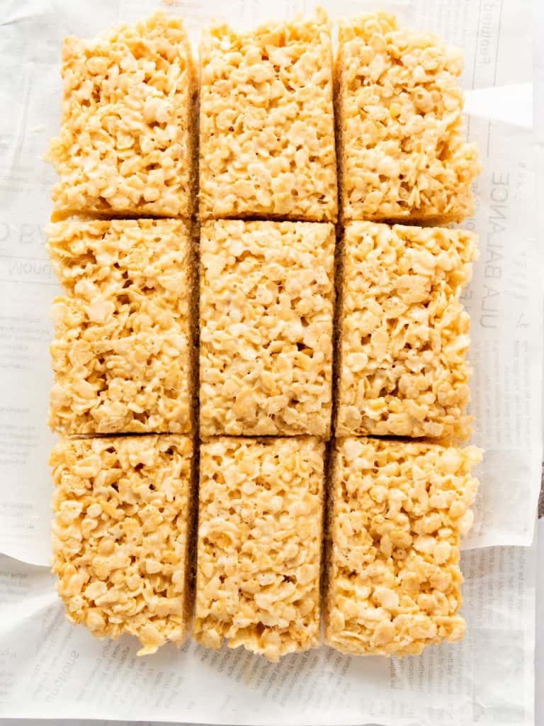 Rice Krispy Treats cut into 9 rectangles