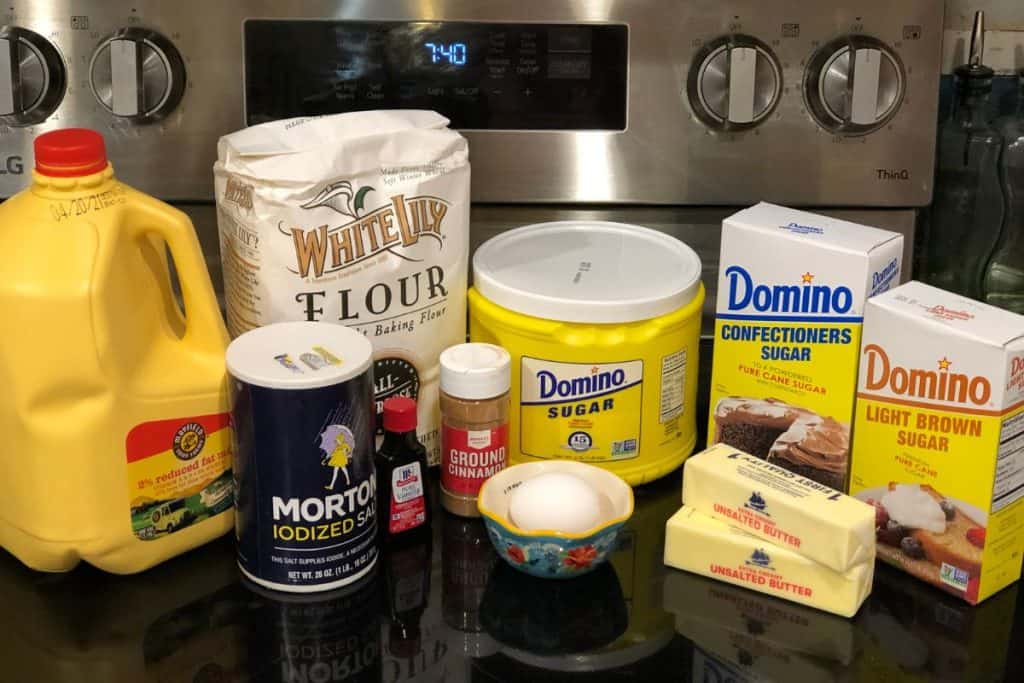 Ingredients for homemade brown sugar cinnamon pop tarts including milk, salt, vanilla extract, all purpose flour, cinnamon, sugar, powdered sugar, brown sugar, butter and an egg.