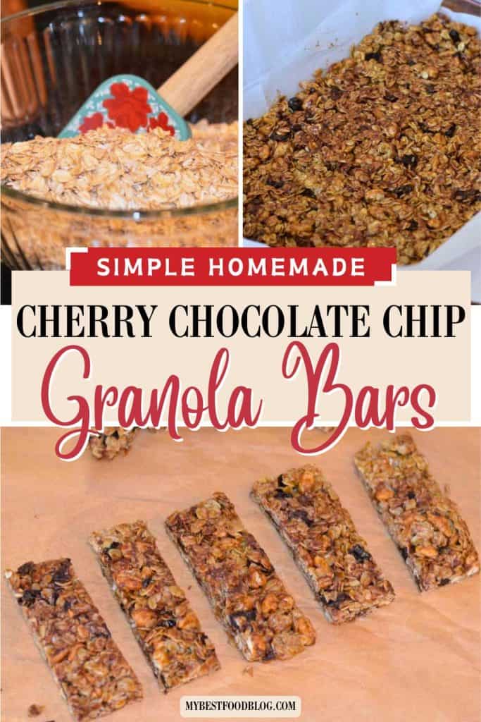 A Pinterest collage of pictures of making Cherry Chocolate Chip Granola Bars with a bowl with oats, the pressed bars in a pan and then finally the cut bars on the bottom of hte collage