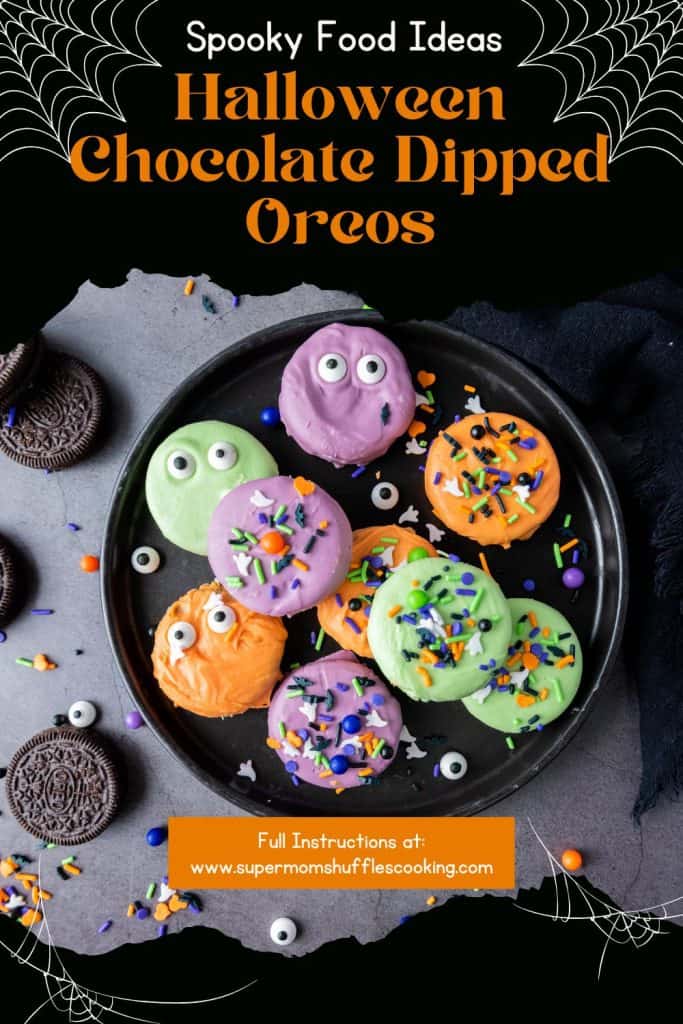 Pinterest graphic with title of "Halloween Chocolate-Dipped Oreos" with a plate of the oreo cookies and Halloween decor